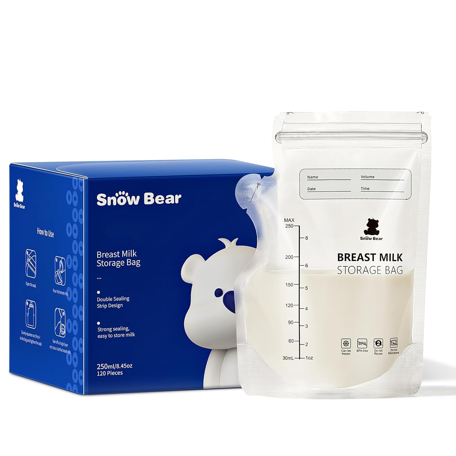 Bolsas para almacenar leche materna Snow Bear de 8 oz, paquete de 120 bolsas para congelar.