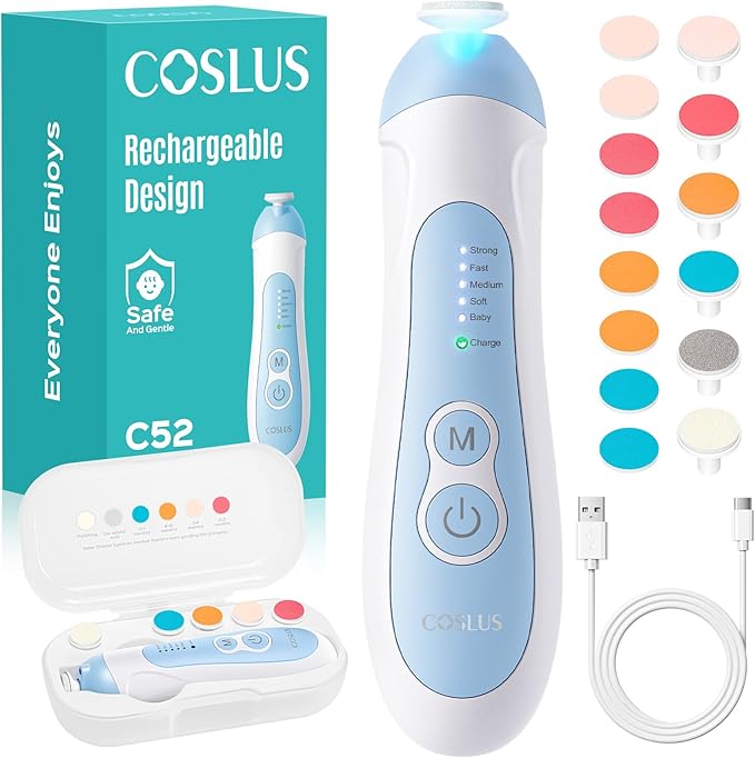 Lima de uñas inalámbrica recargable C52: COSLUS con 5 velocidades y 6 cabezales para bebé