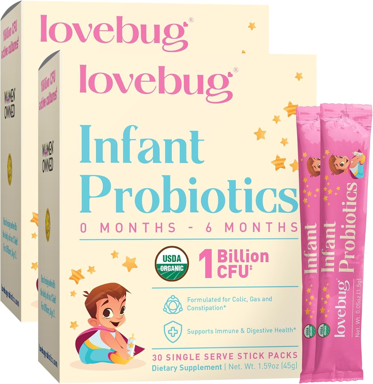 Probiótico Infantil Lovebug de 0 a 6 meses compatible con APLV- Probiótico orgánico USDA para bebés, ayudan a aliviar los gases, cólicos, reflujo, diarrea y estreñimiento neonatal, sin alérgenos ni azúcar, 30 unidades.