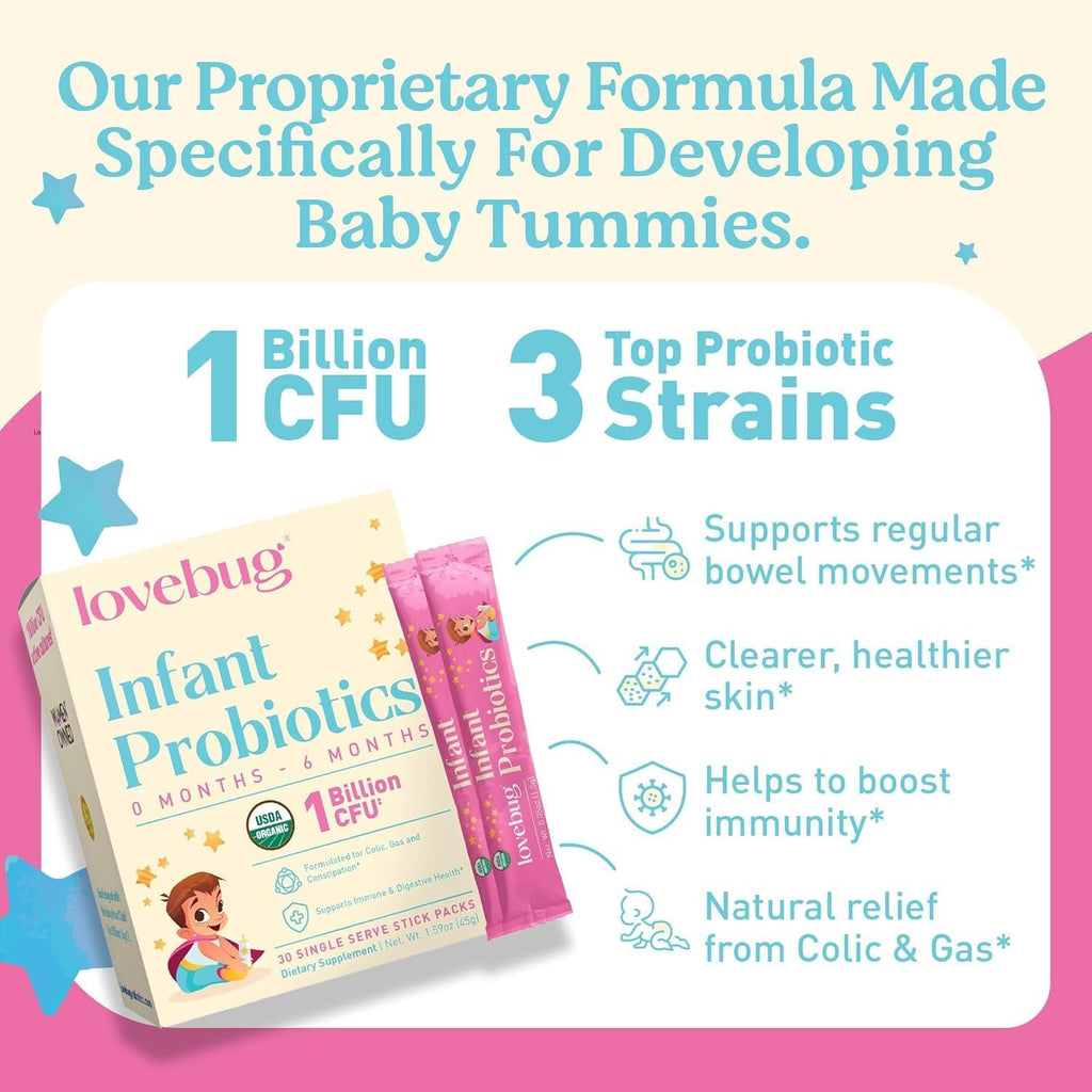 Probiótico Infantil Lovebug de 0 a 6 meses compatible con APLV- Probiótico orgánico USDA para bebés, ayudan a aliviar los gases, cólicos, reflujo, diarrea y estreñimiento neonatal, sin alérgenos ni azúcar, 30 unidades.